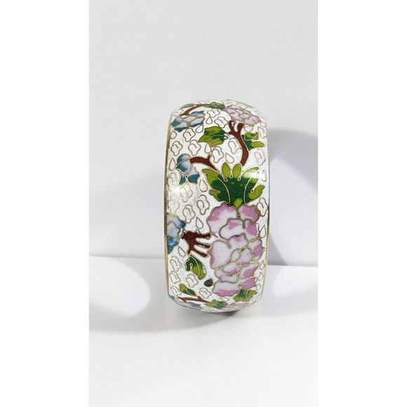 Large Wide Vintage Cloisonne Enamel Bangle Bracelet - Flowers Leaves Clouds - Picture 16 of 16